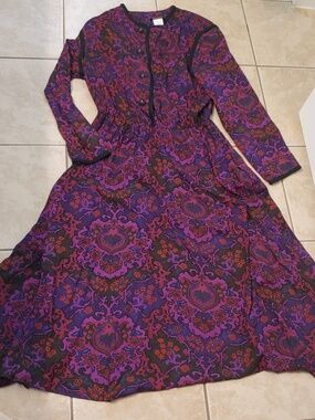 Vintage Jean Leslie Purple Paisley Dress Long Sleeves Women's Size 18